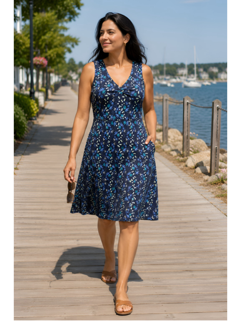 Toad&Co Small Rosemarie Navy Botanical Print Sleeveless Dress Tencel Zip Pocket